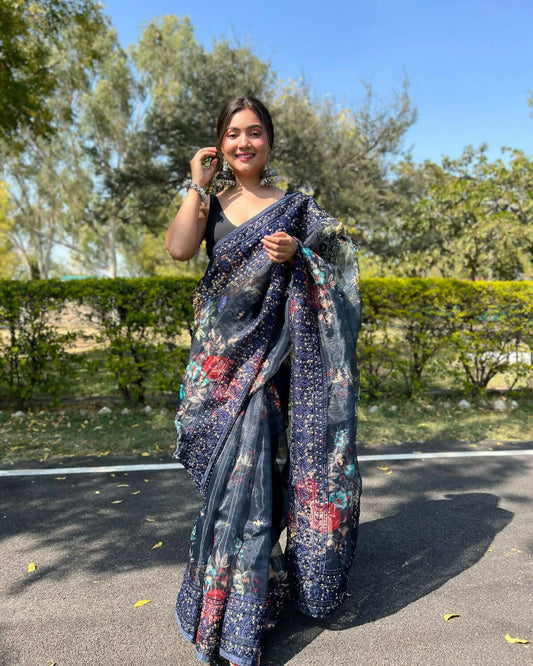 Vamsee Navy Blue Organza Saree - Swadesiicart