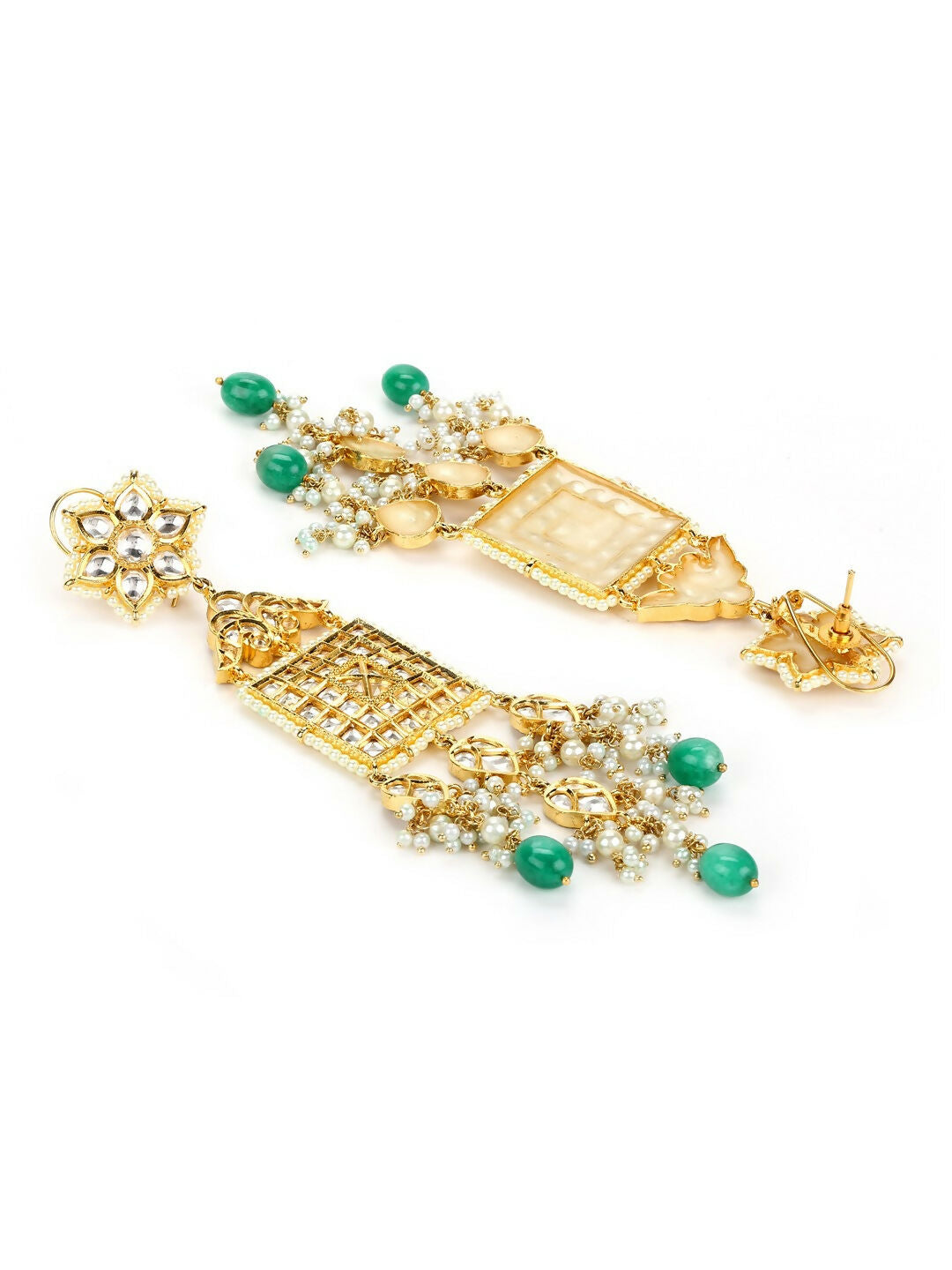 Long Kundan Earrings with Green Stone- Ruby Raang | Swadesiicart