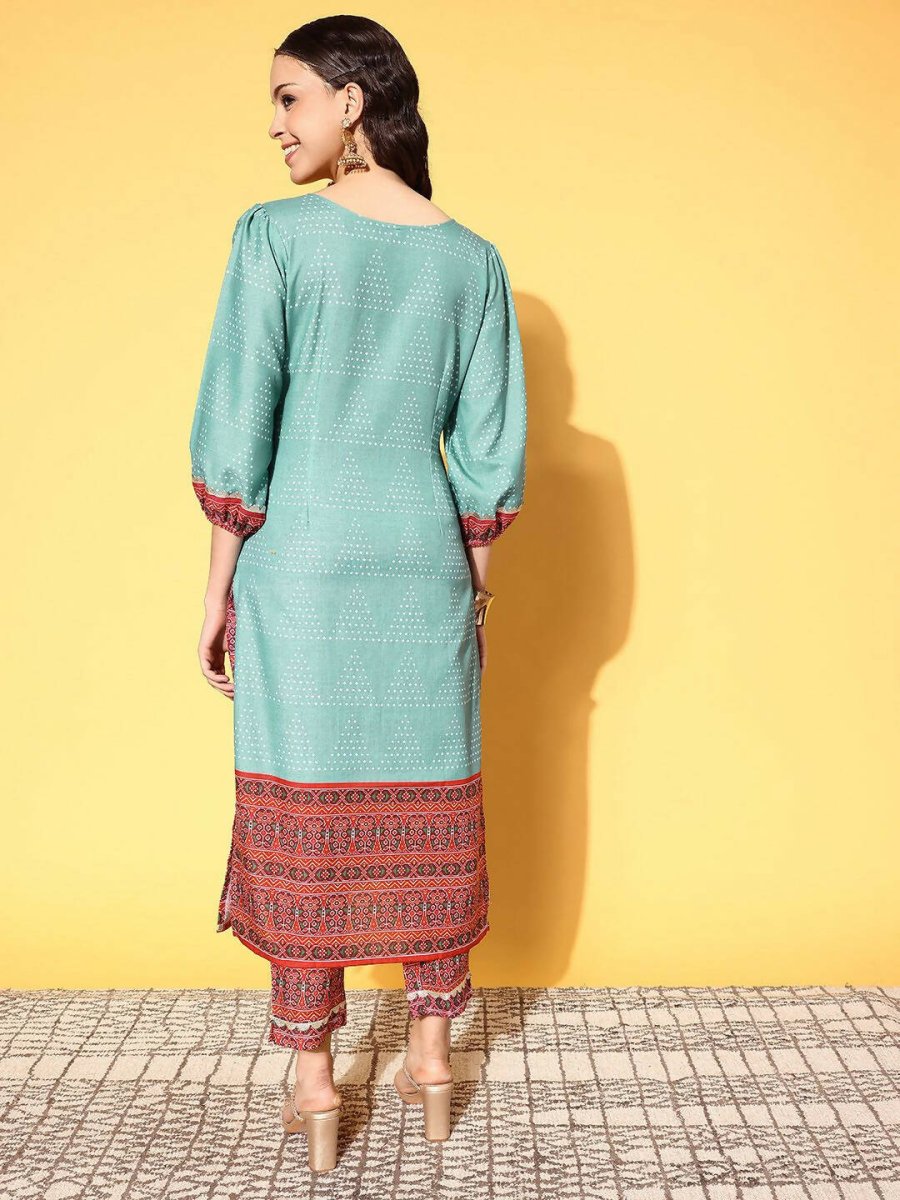Ahalyaa Women's Teal Cotton Blend Digital Printed Kurta Pant Set | Swadesiicart