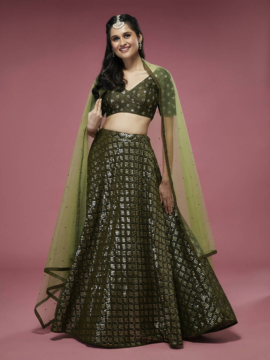 House of Panchhi Olive Georgette Sequinse Embroidered Lehenga & Blouse with Dupatta | Swadesiicart