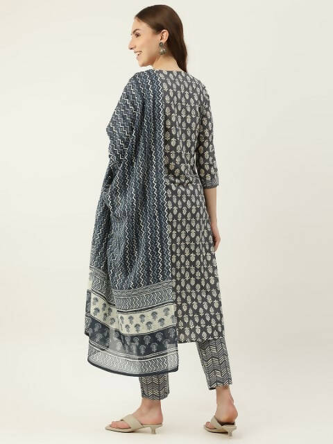 FIORRA Women's Grey Cotton Straight Kurta Pant With Dupatta - Swadesiicart