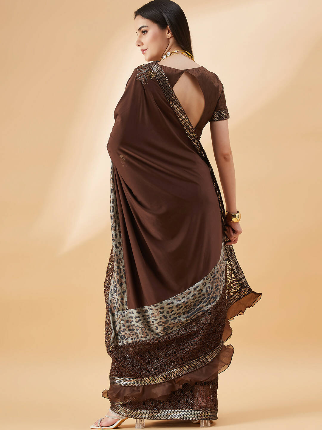 Brown Lycra Animal Print, Fancy Value Addition Fabric Saree - Norita Hit Design - Swadesiicart