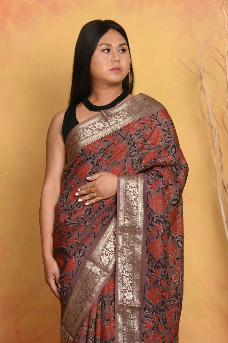 Very Much Indian Modal Silk Ajrakh Handblock Printed Natural Dyes With Designer Border Saree - Maroon | Swadesiicart