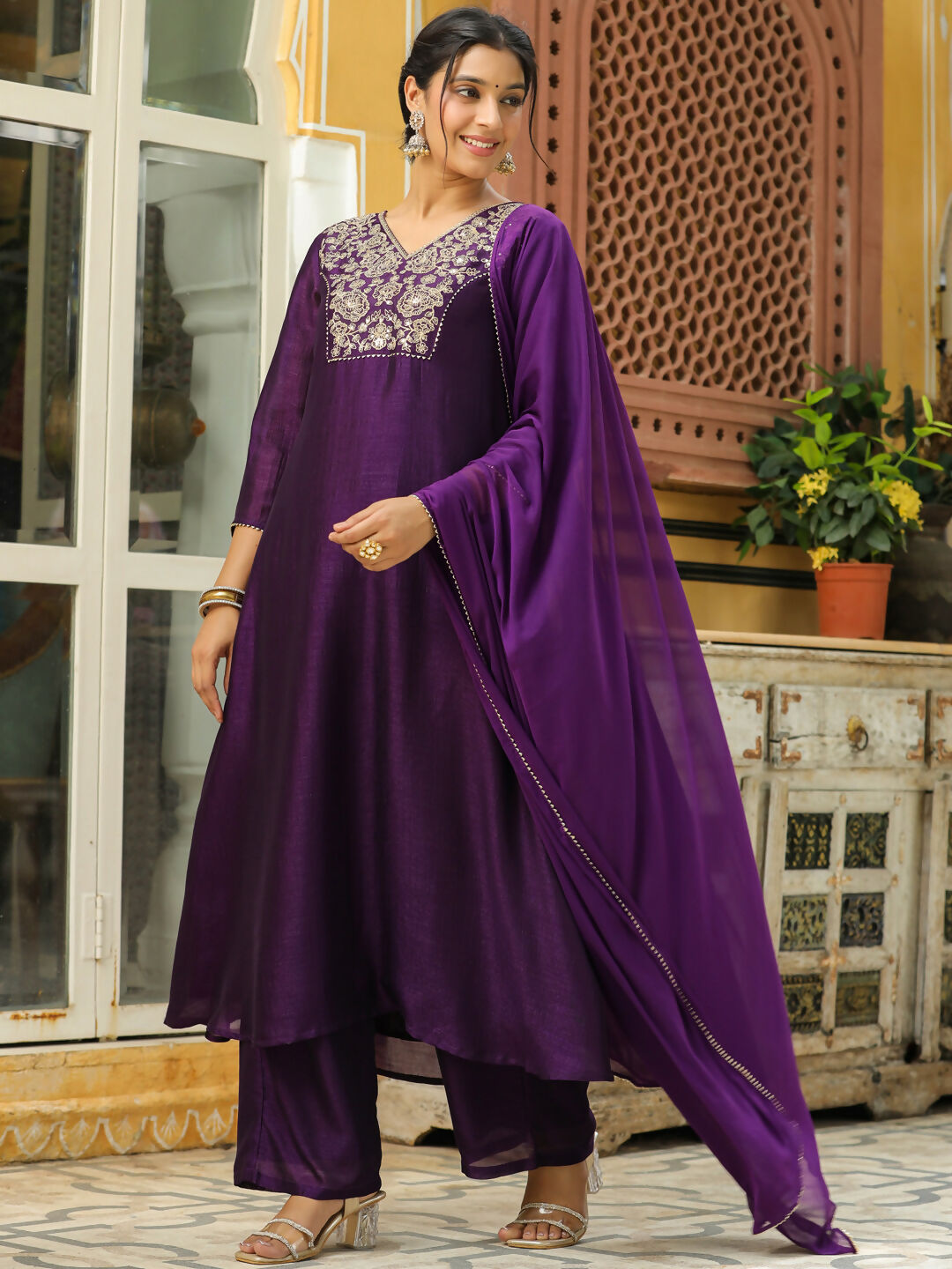 Janasya Purple Silk Blend Yoke Embroidery Kurta,Bottom & Dupatta | Swadesiicart