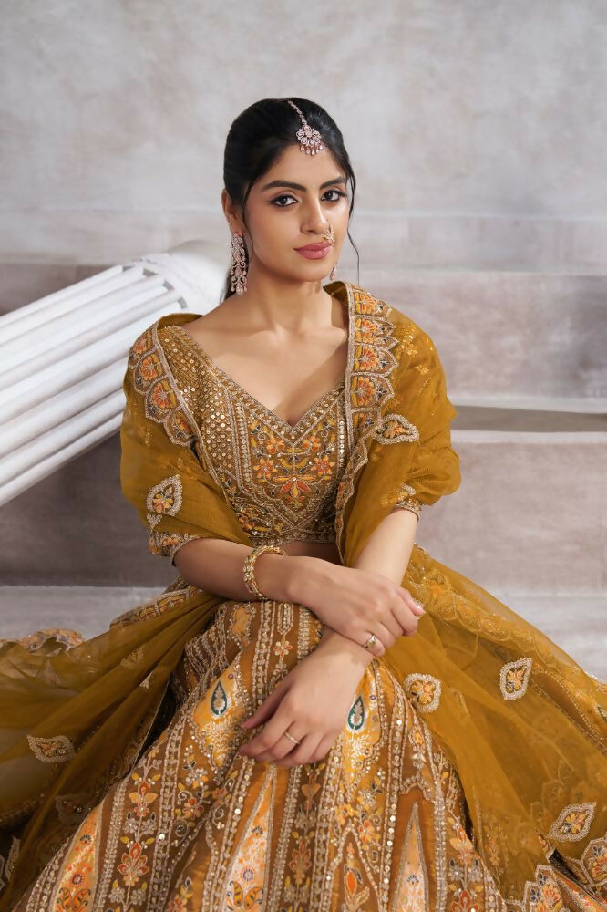 Kesar Fab Dark-Mustard Banarasi Silk Hand_Woven Lehenga | Swadesiicart