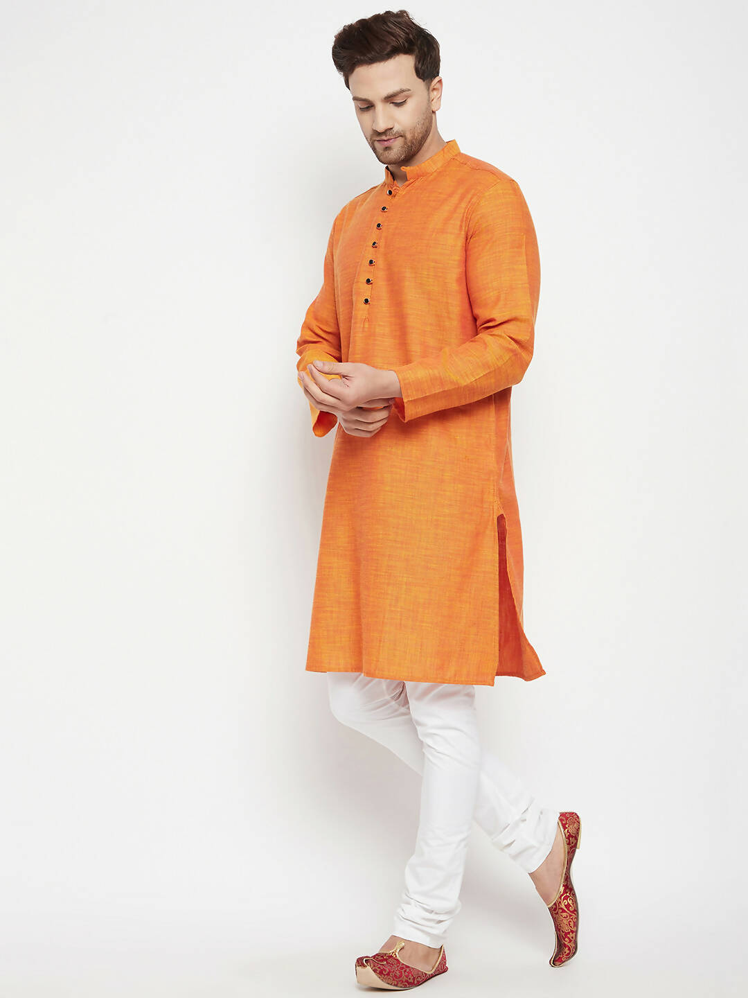 Even Apparels Orange Pure Cotton Long Men's Kurta With Band Collar | Swadesiicart