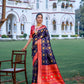 Vishnu Weaves Women's Navy Blue Patola Banarasi Silk Meenakari Zari Woven Saree with Blouse - Swadesiicart