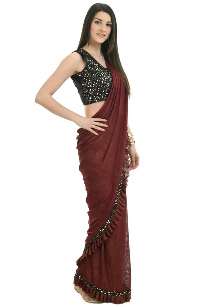 Mominos Fashion All Season Wear Rust And Black Ruffled Ready To Wear Saree | Swadesiicart