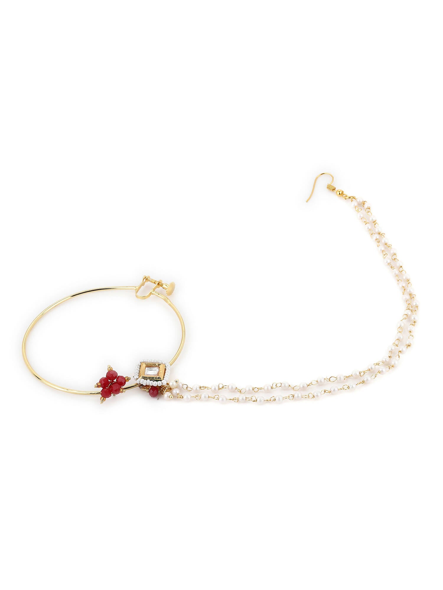 Gold-Polished White Red Kundan-Studded Pearl Beaded Nosepin - Ruby Raang | Swadesiicart