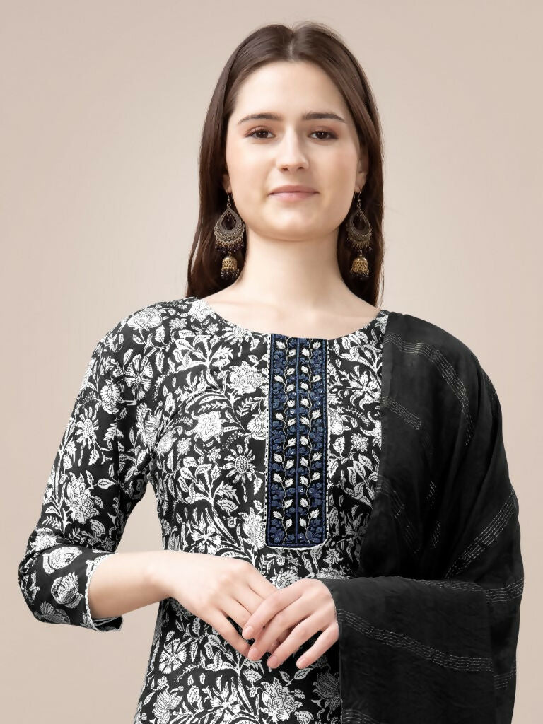 Jyoti Fashion Women's Black Rayon Print with Embroidery & Fancy Lace Work Kurta with Trouser & Dupatta | Swadesiicart