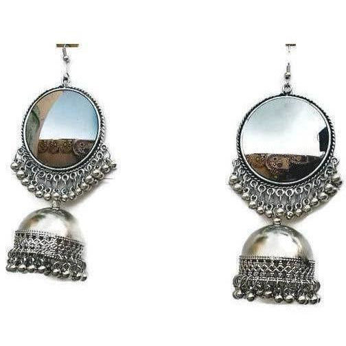 MS Fashion India Large Mirror Earrings With Oxidized Silver Jhumkas | Swadesiicart