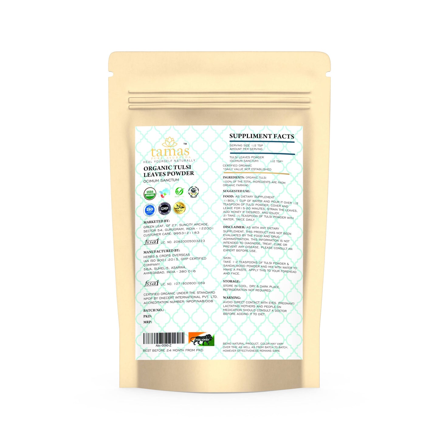 Tamas Pure Ayurveda Superfood Organic Tulsi Leaves Powder - Swadesiicart