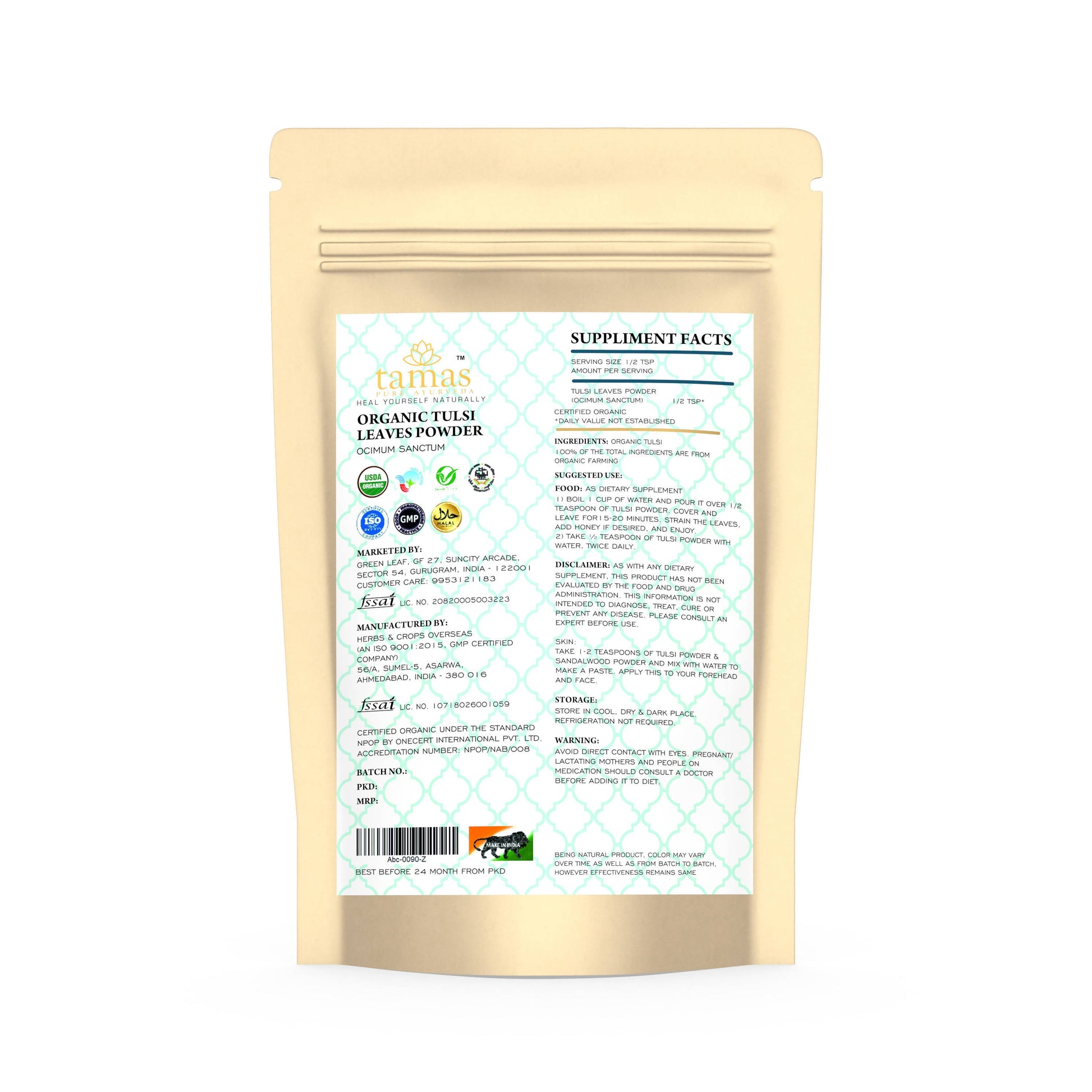 Tamas Pure Ayurveda Superfood Organic Tulsi Leaves Powder - Swadesiicart