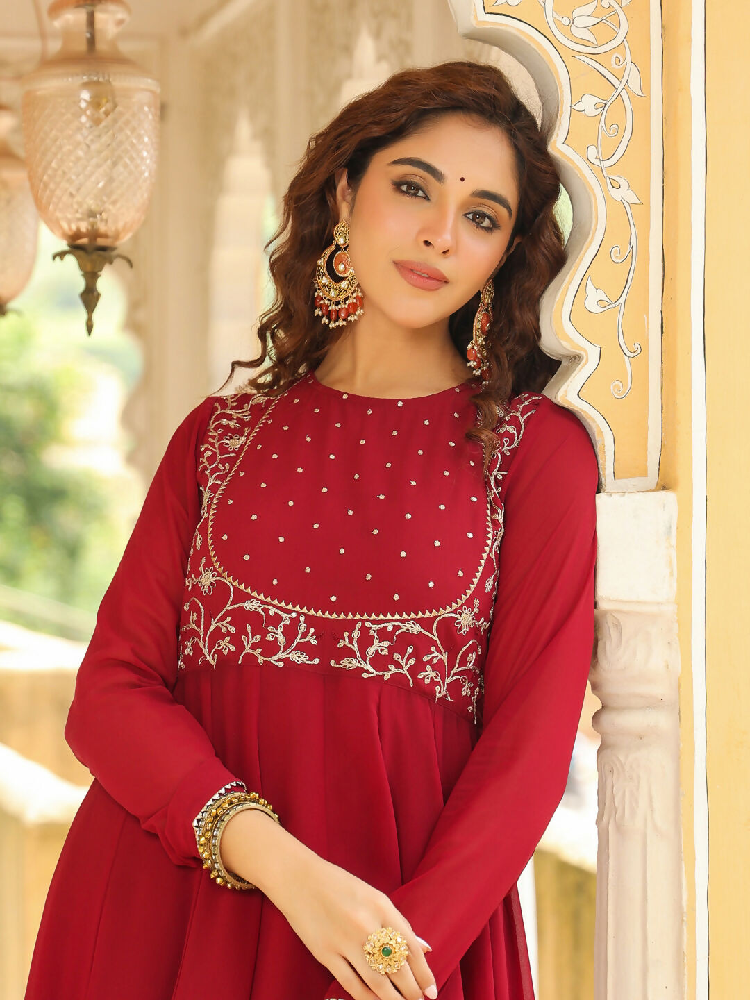 Janasya Maroon Georgette Embroidered Kurta,Bottom & Dupatta | Swadesiicart