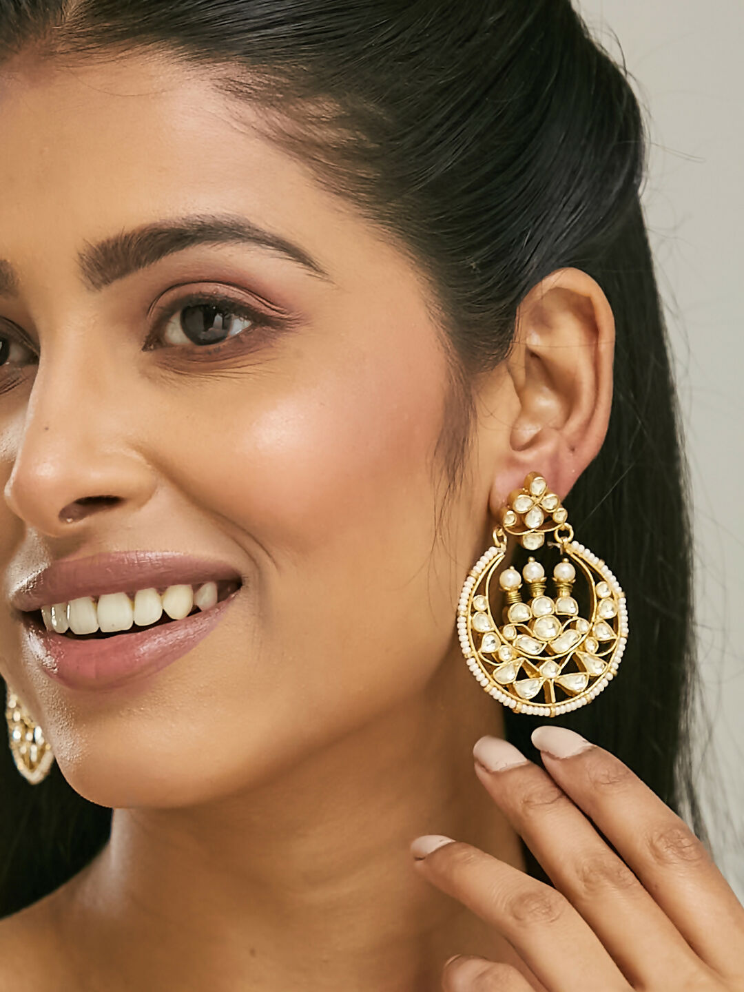 Nuyug 22K Gold-Plated Elegant Kundan Stone Studded & Pearl Beaded Chandbalis | Swadesiicart