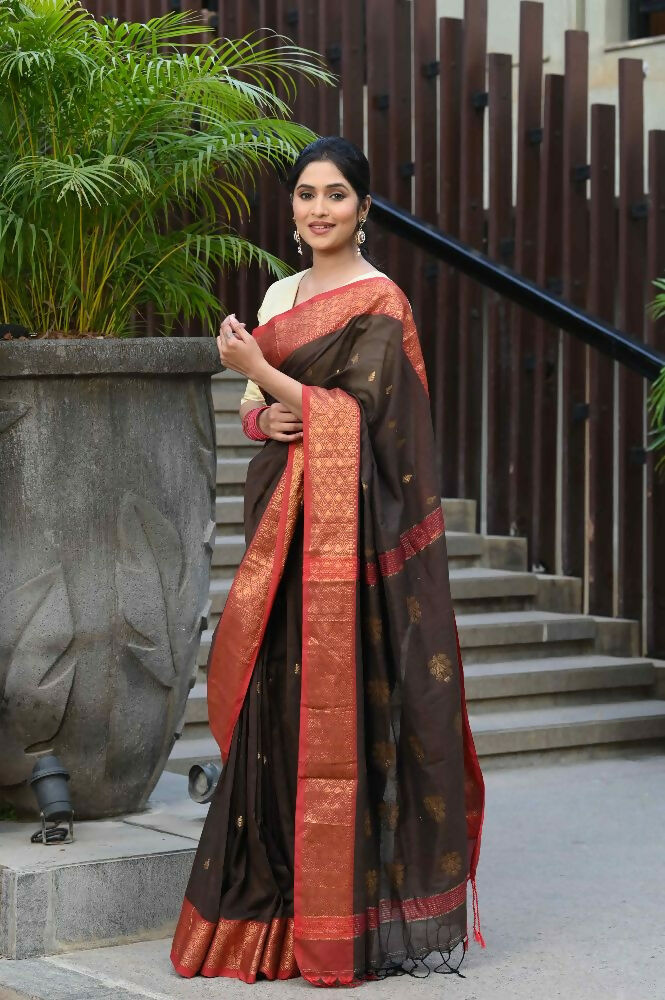 Beatitude Brown Cotton Banarasi Saree | Swadesiicart
