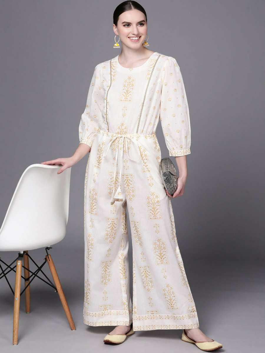 Ahalyaa Off White Printed Basic Jumpsuit - Swadesiicart