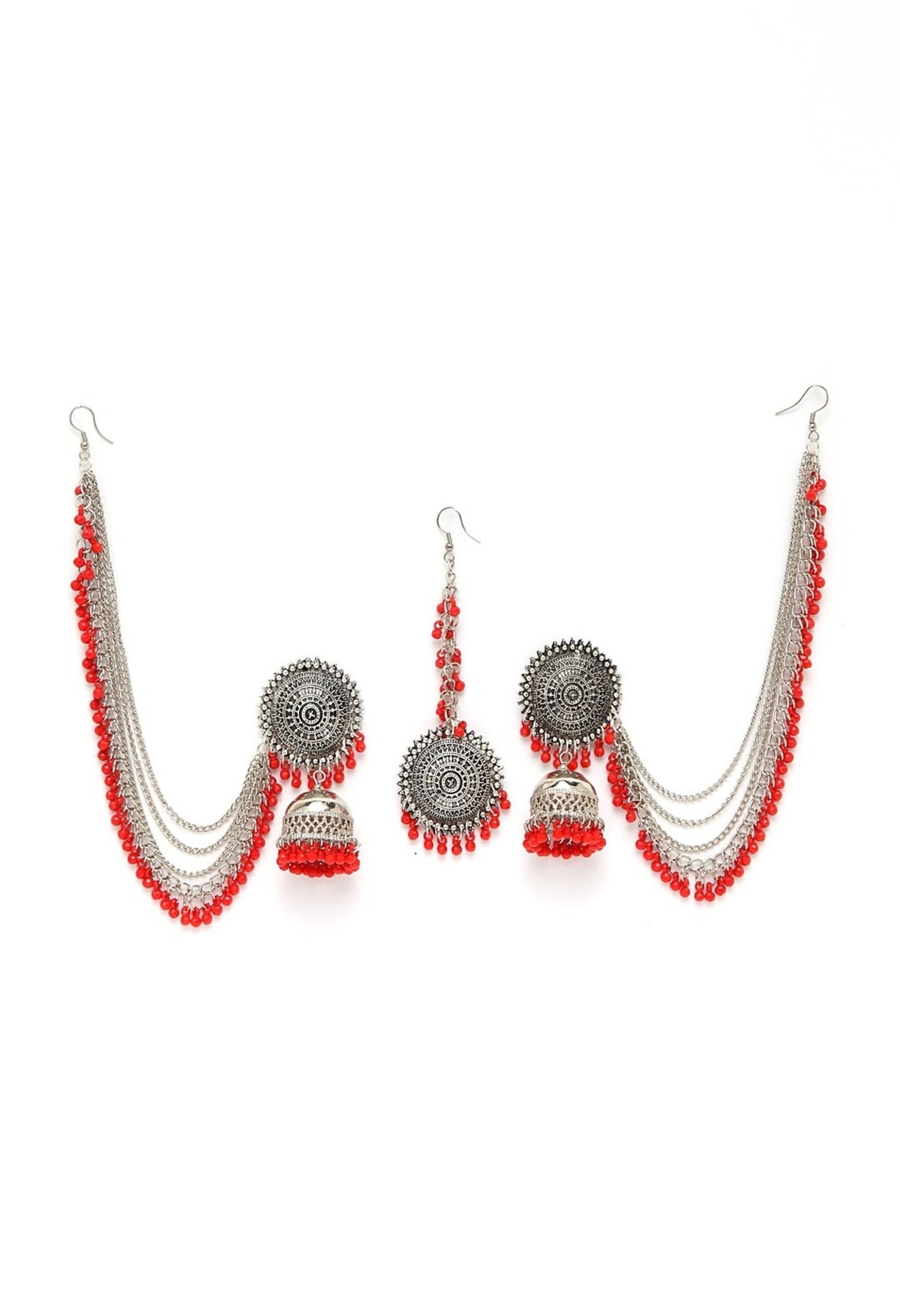 Mominos Fashion Johar Kamal Bahubali Red Beads Earrings With Tikka - Mominos Fashion