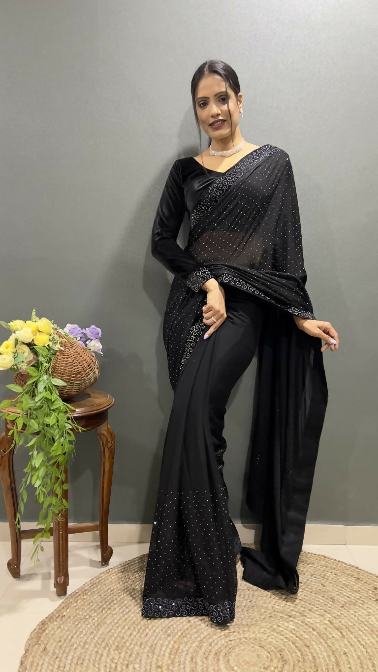 Vastranavya Black Rangoli Silk Swarovski work Ready to Wear Saree | Swadesiicart