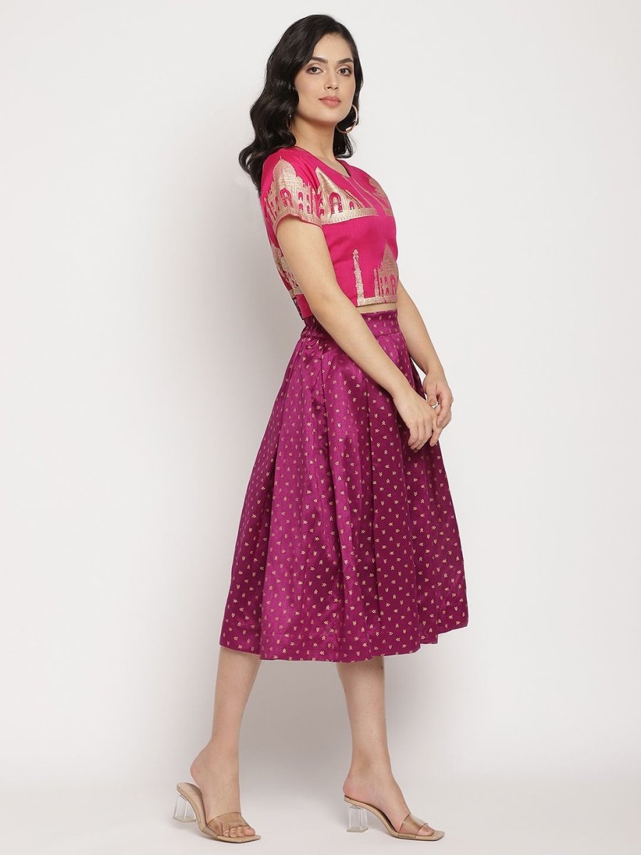 Ahalyaa Women's Pink Poly Silk Gold Foil Print Top With Skirt | Swadesiicart