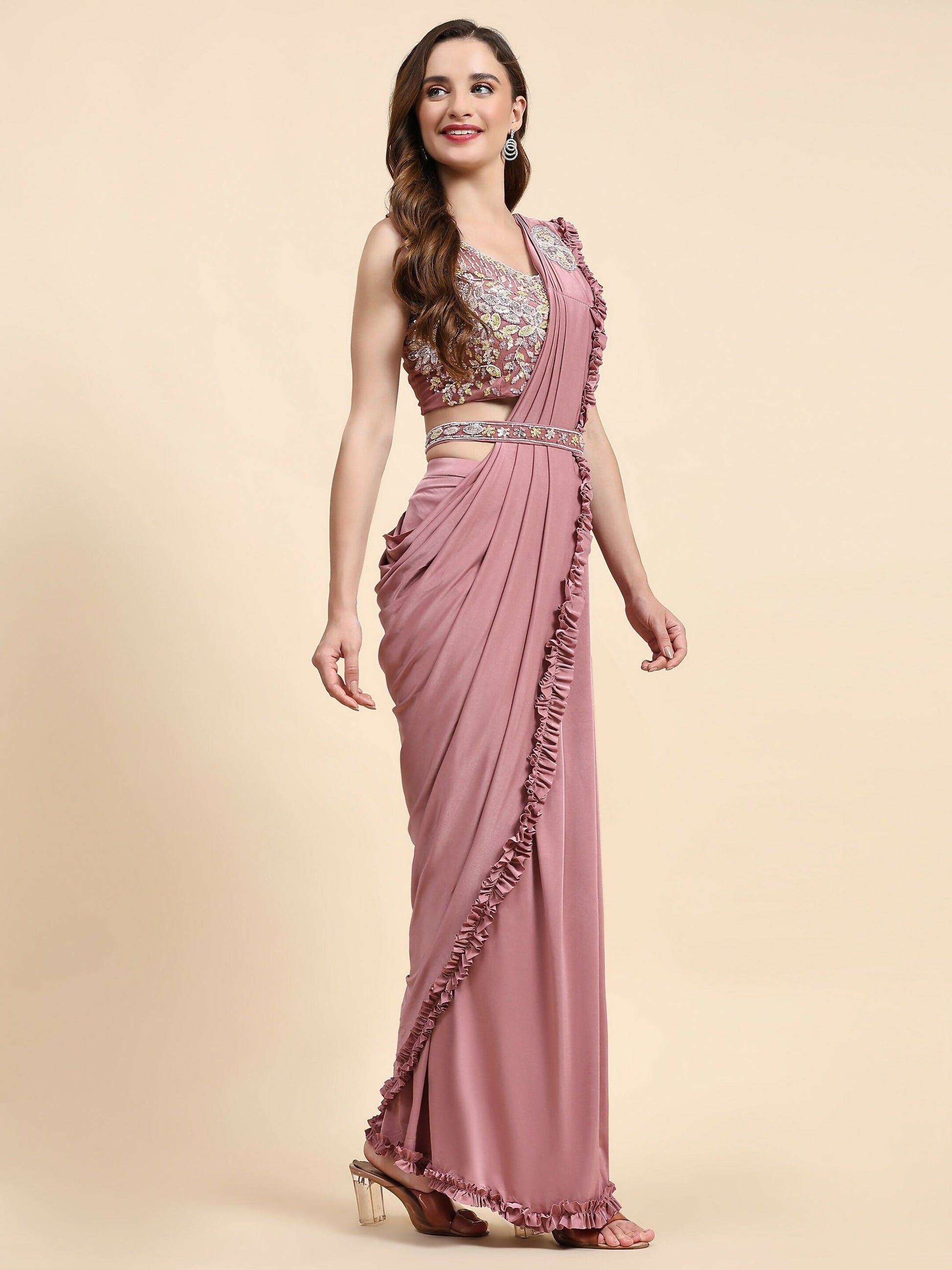 Pink Lycra Solid Ready to wear Saree with stitched Blouse - Vanita | Swadesiicart