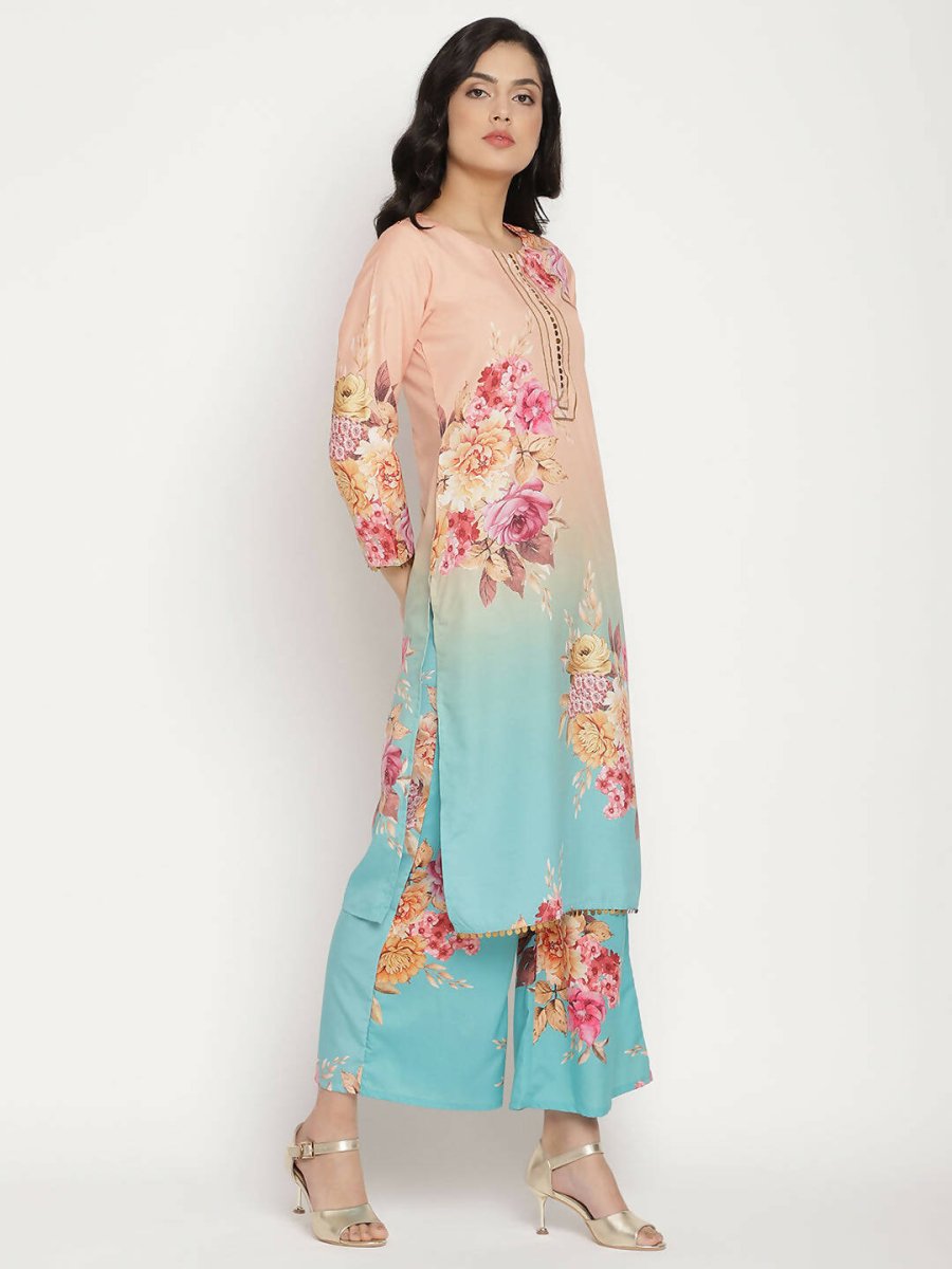 Ahalyaa Women Peach-Coloured Floral Printed Kurta Palazzo Set With Dupatta | Swadesiicart