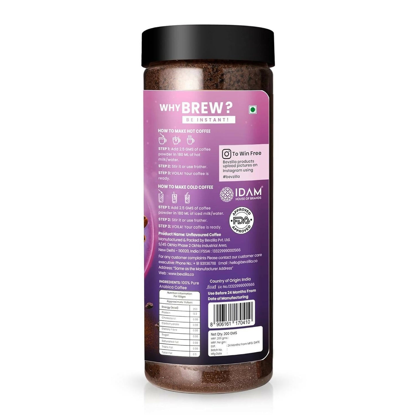 Bevzilla Classic Black Roast Strong Coffee Powder - Dark Wish | Swadesiicart
