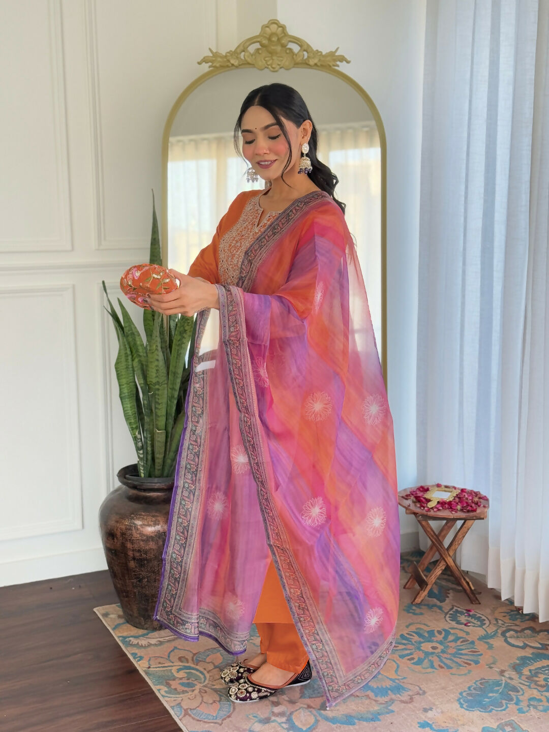 The52 Orange Women's Gorgeous Embroidered Rayon Fabric with Straight Kurta, Pant and Dupatta Set - Swadesiicart