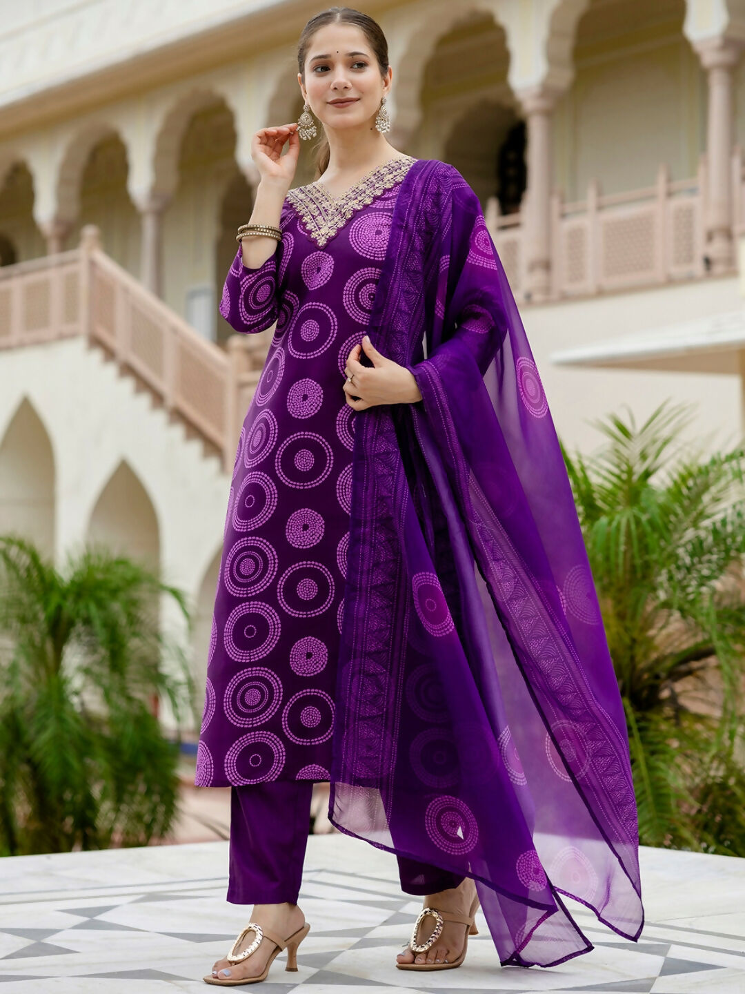 The52 Purple Women's Gorgeous Rayon Embroidered Straight Kurta with Pant And Dupatta Set - Swadesiicart