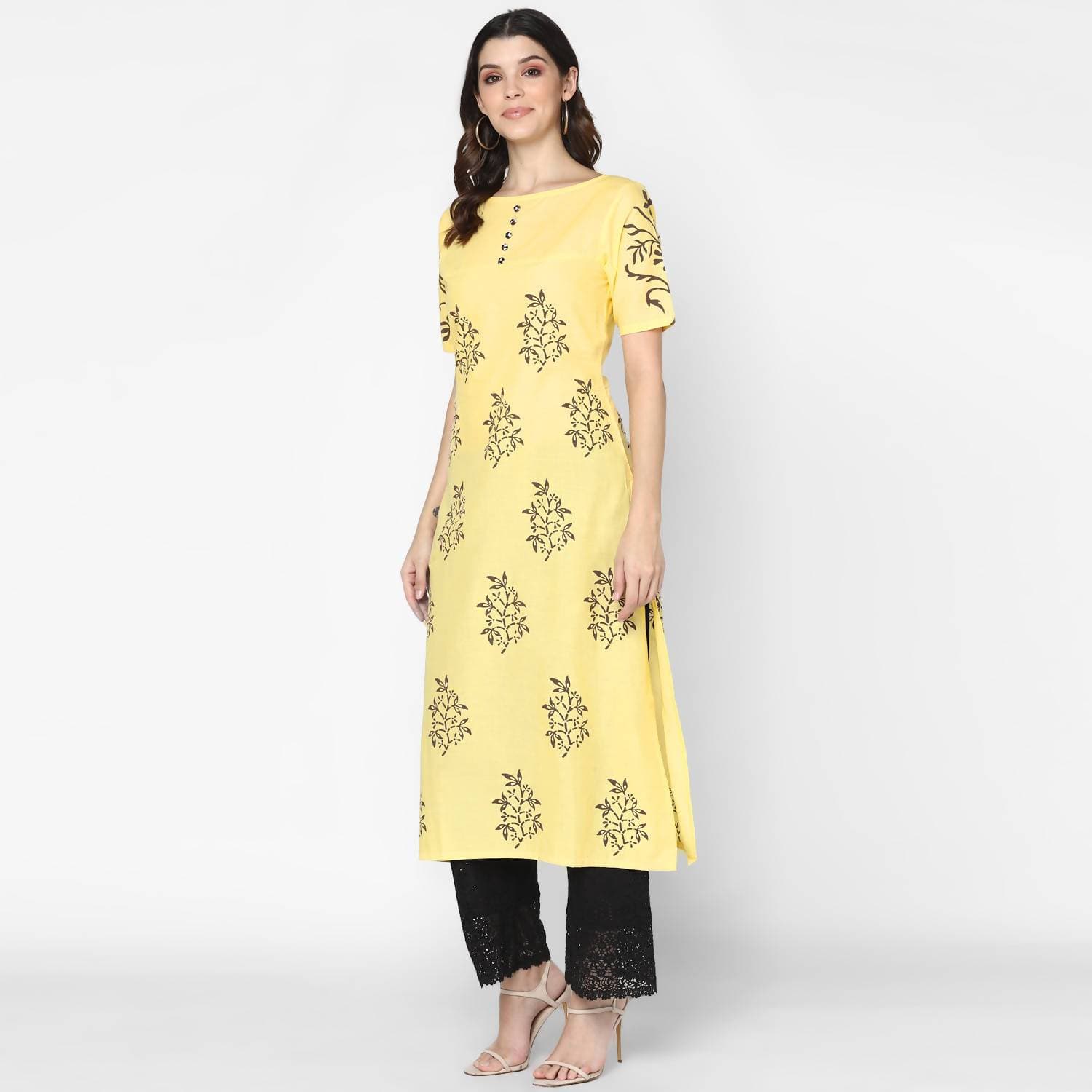 Cheera Hand Block Print Pale Yellow Straight Kurta (MAAI-056K) | Swadesiicart
