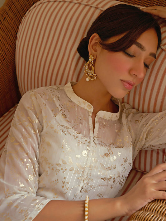 Janasya Women's White Chiffon Lurex Foil Printed Festive Flared Kurta Set | Swadesiicart