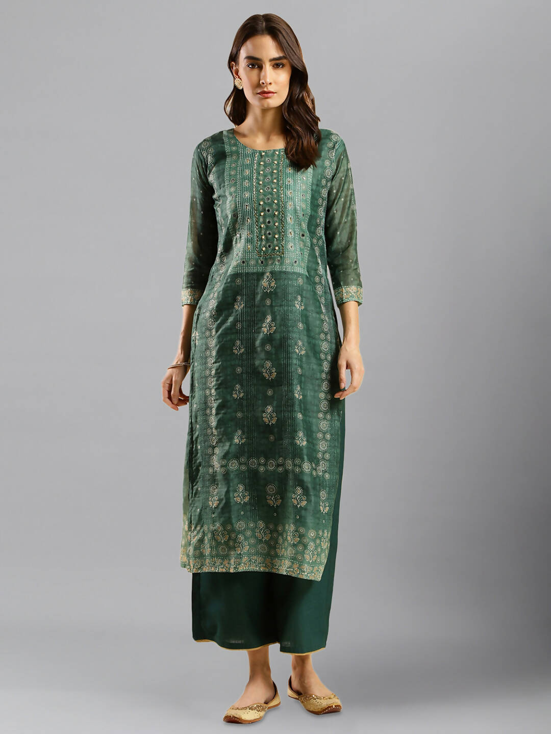 Sea Green Chinon Digital Printed With Hand Work Kurta - Himanshi - Swadesiicart