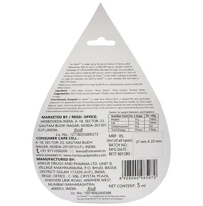 Herboveda So Sweet Stevia Liquid Drops- Sweetener Sugar Free - Swadesiicart