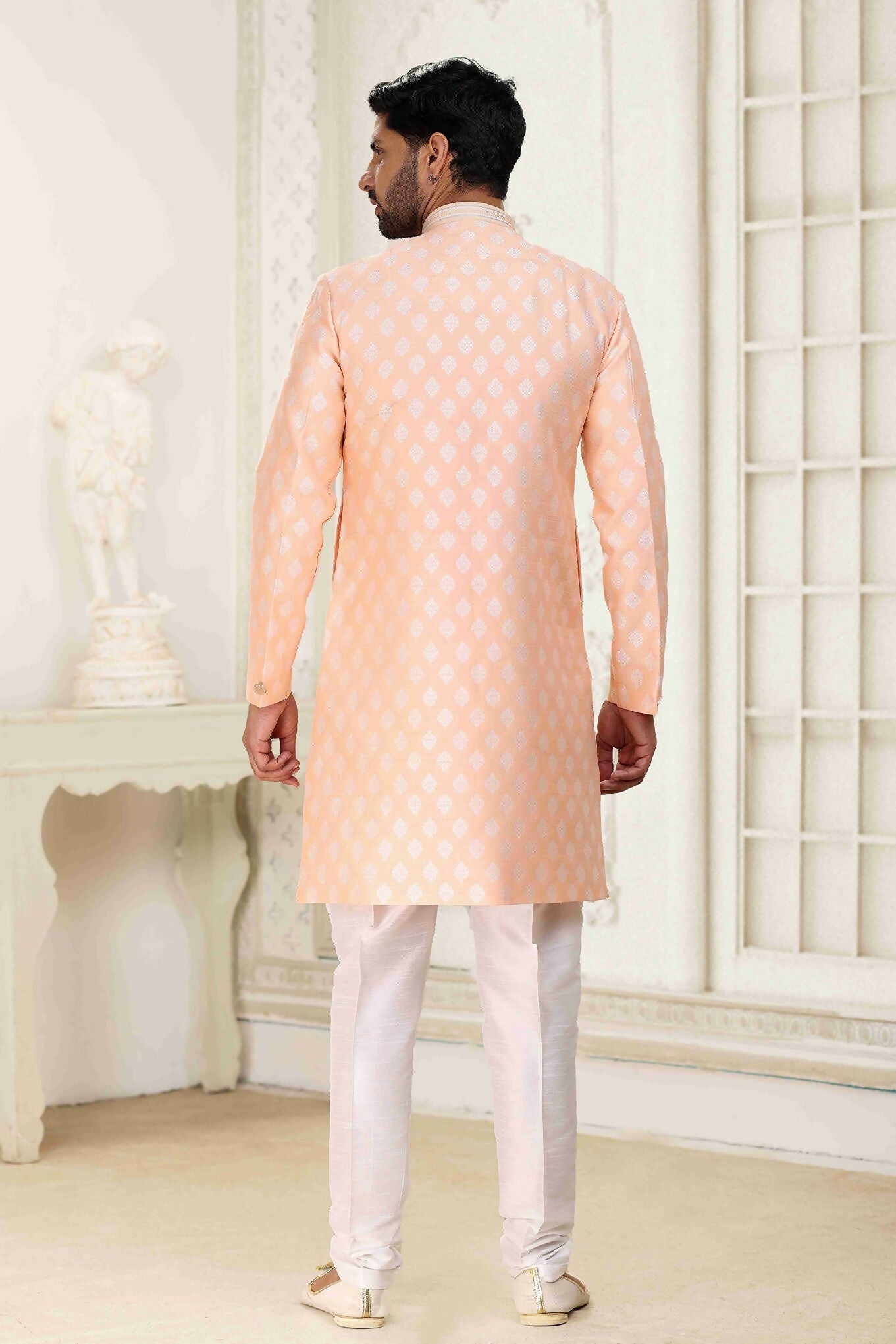 Raivat Ethnic Banarasi Jacquard Embroidery Semi Indo Western Sherwani In Peach Colour | Swadesiicart