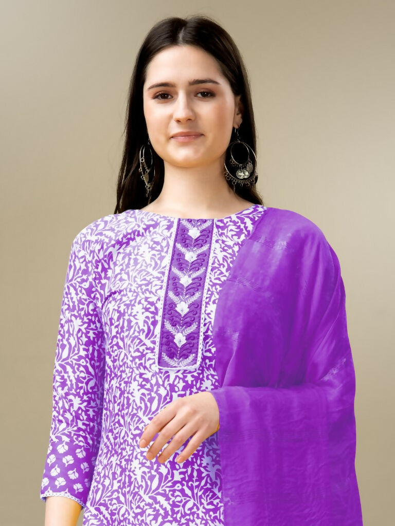 Jyoti Fashion Women's Purple Rayon Embroidery & Sequence work Kurta with Trouser & Dupatta | Swadesiicart