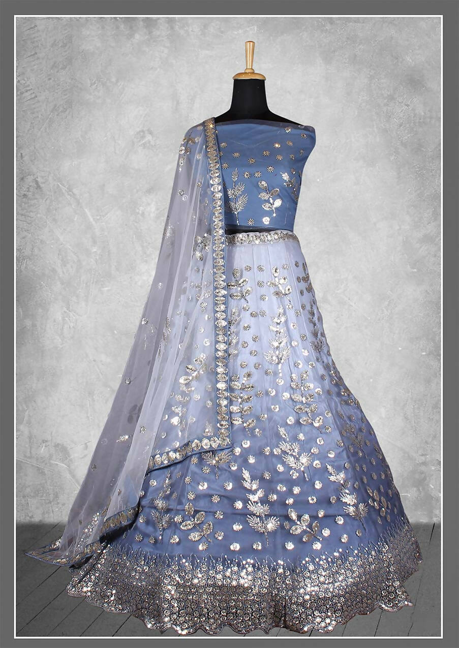 Grey Net Floral Sequins And Cord Embroidery, Cut Work Semi-Stitched Lehenga Choli - Nimaya Kangan | Swadesiicart