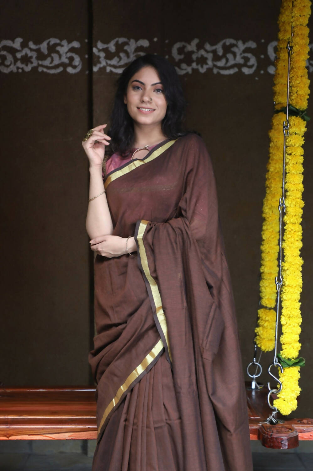 Very Much Indian Pure Cotton Handloom Saree With Intricate Borders - Brown | Swadesiicart