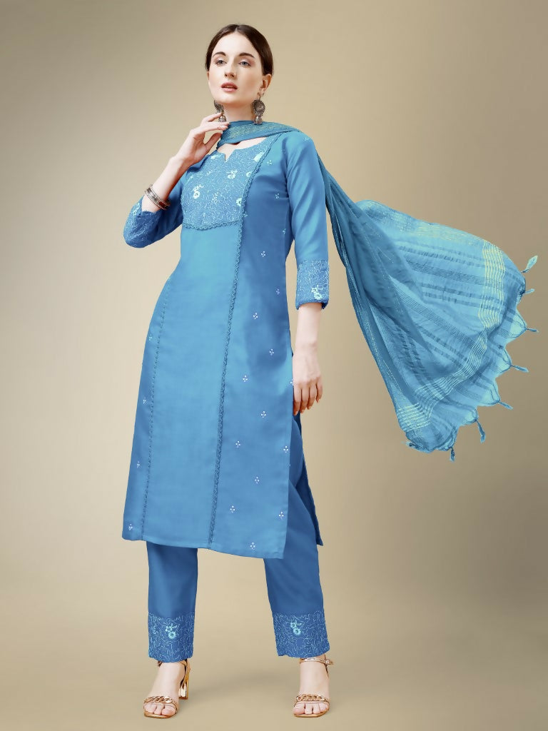 Jyoti Fashion Women's Sky Blue Cotton Blend Embroidery & Fancy Lace work Kurta with Trouser & Dupatta | Swadesiicart