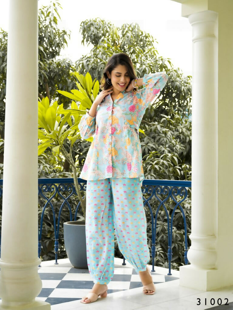 Casual Fashionable Multi Muslin Cotton co-ord set - Manya - Swadesiicart