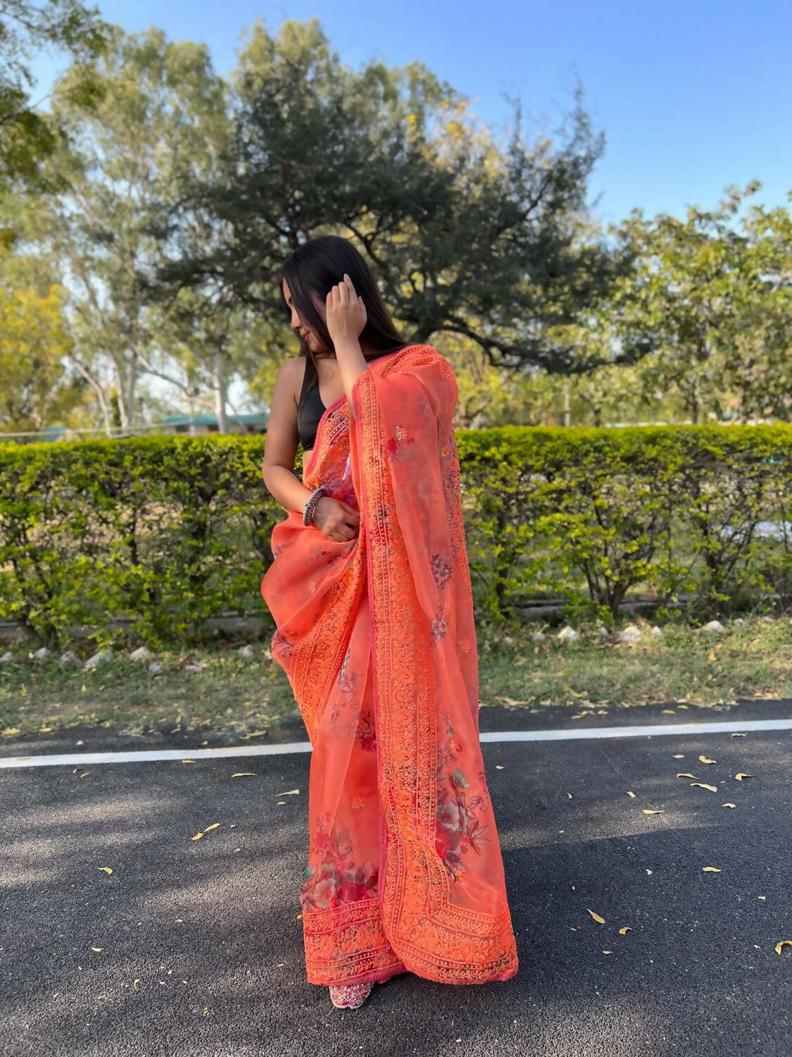 Vamsee Orange Organza Saree - Swadesiicart