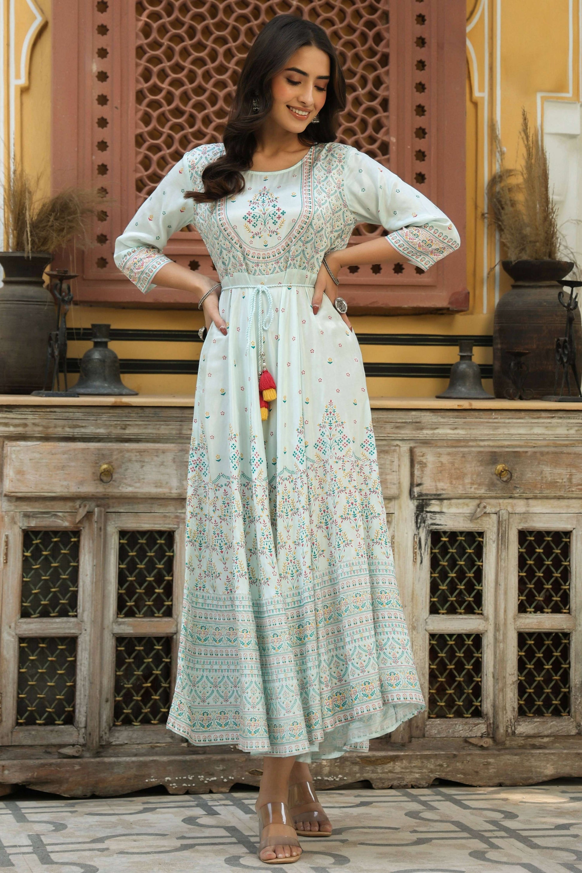 Juniper Women's Skyblue Viscose Shantoon Festive Printed Flared Dress | Swadesiicart
