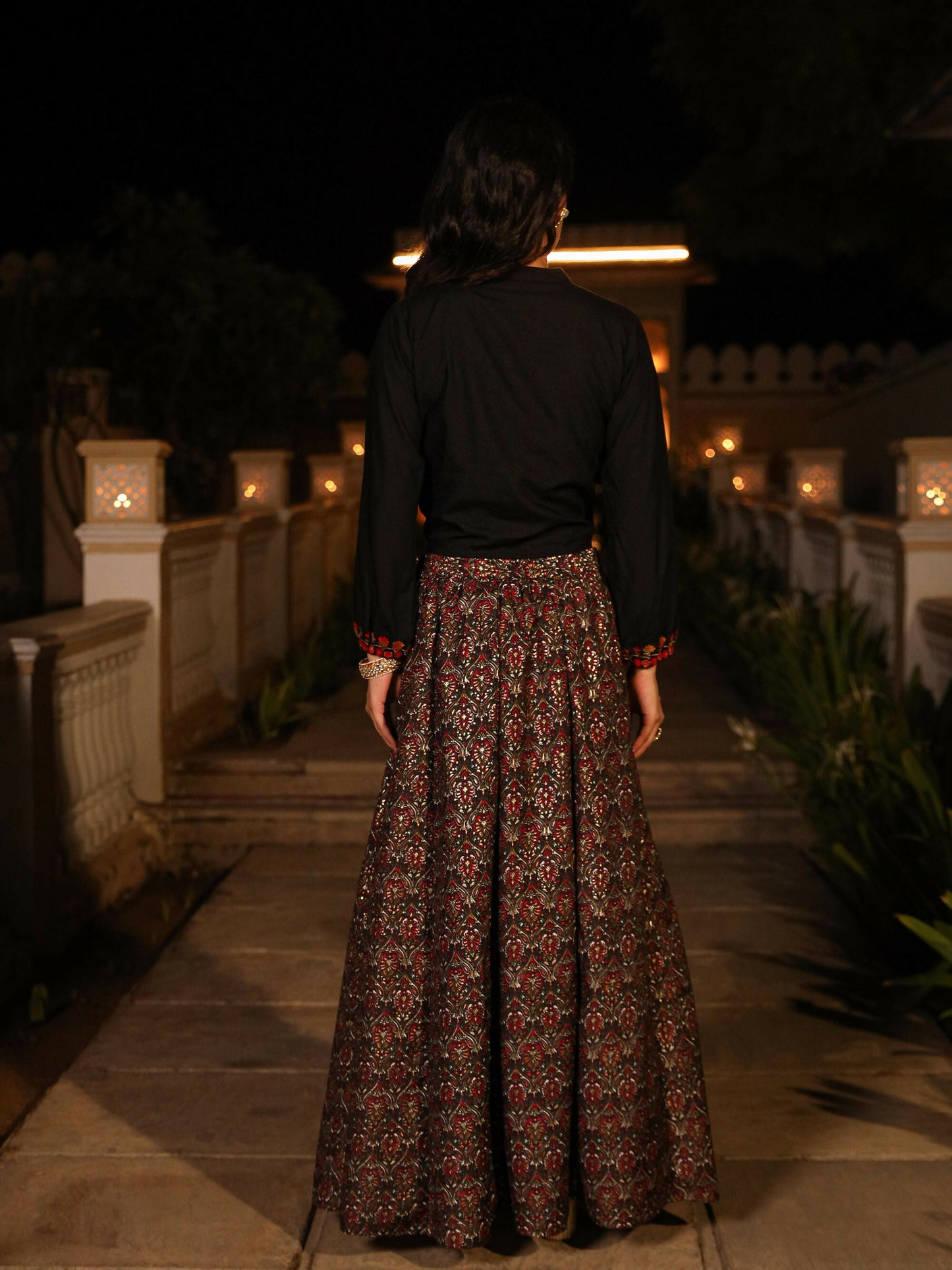 Juniper Women's The Rekha Chitra Black Thread Embroidered Rayon Top & Printed Skirt Set With Beads & Mirror Work - Swadesiicart