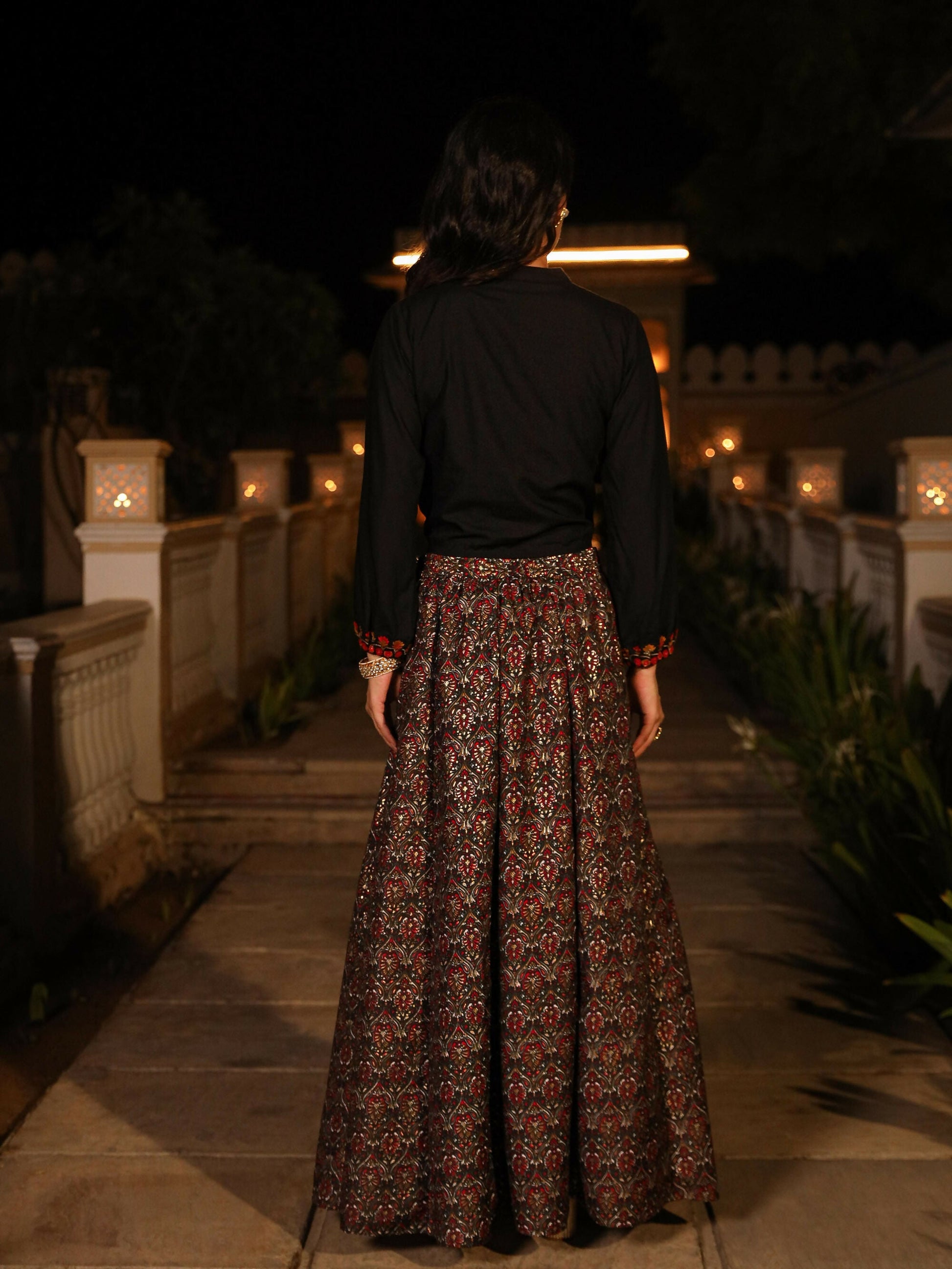 Juniper Women's The Rekha Chitra Black Thread Embroidered Rayon Top & Printed Skirt Set With Beads & Mirror Work - Swadesiicart