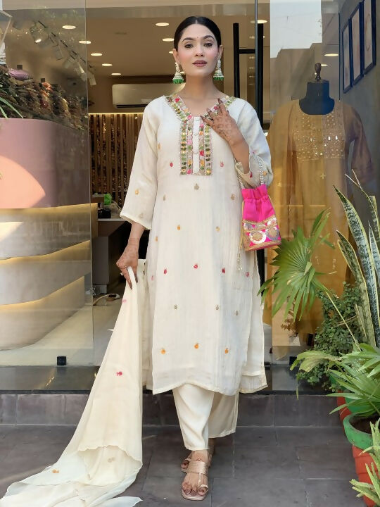 The52 Off White Women's Gorgeous Chinon Fabric Embroidered Work Straight Kurta Pant and Dupatta Set - Swadesiicart