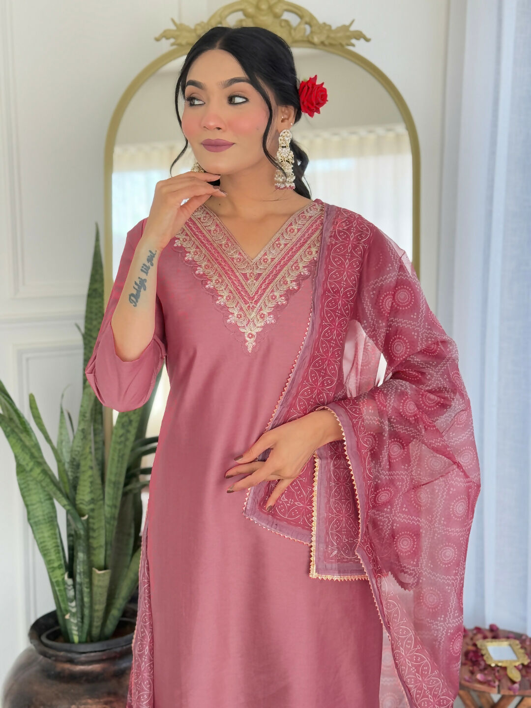 The52 Gajri Women's Beautiful Embroidered Rayon Fabric with Straight Kurta, Pant and Dupatta Set - Swadesiicart