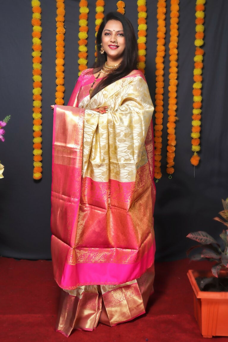 Jyoti Fashion Women's Off White Kanjivaram Silk Zari Woven Saree with Blouse | Swadesiicart