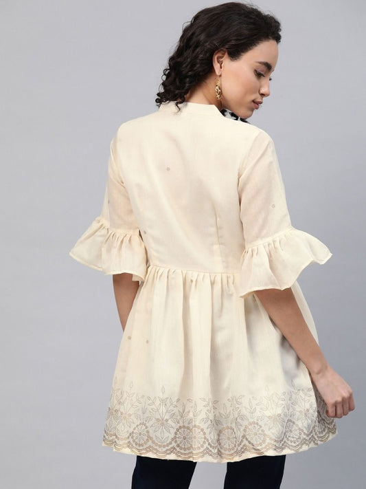 Ahalyaa Women Cream-Coloured Chanderi Ethnic Print Tunic | Swadesiicart