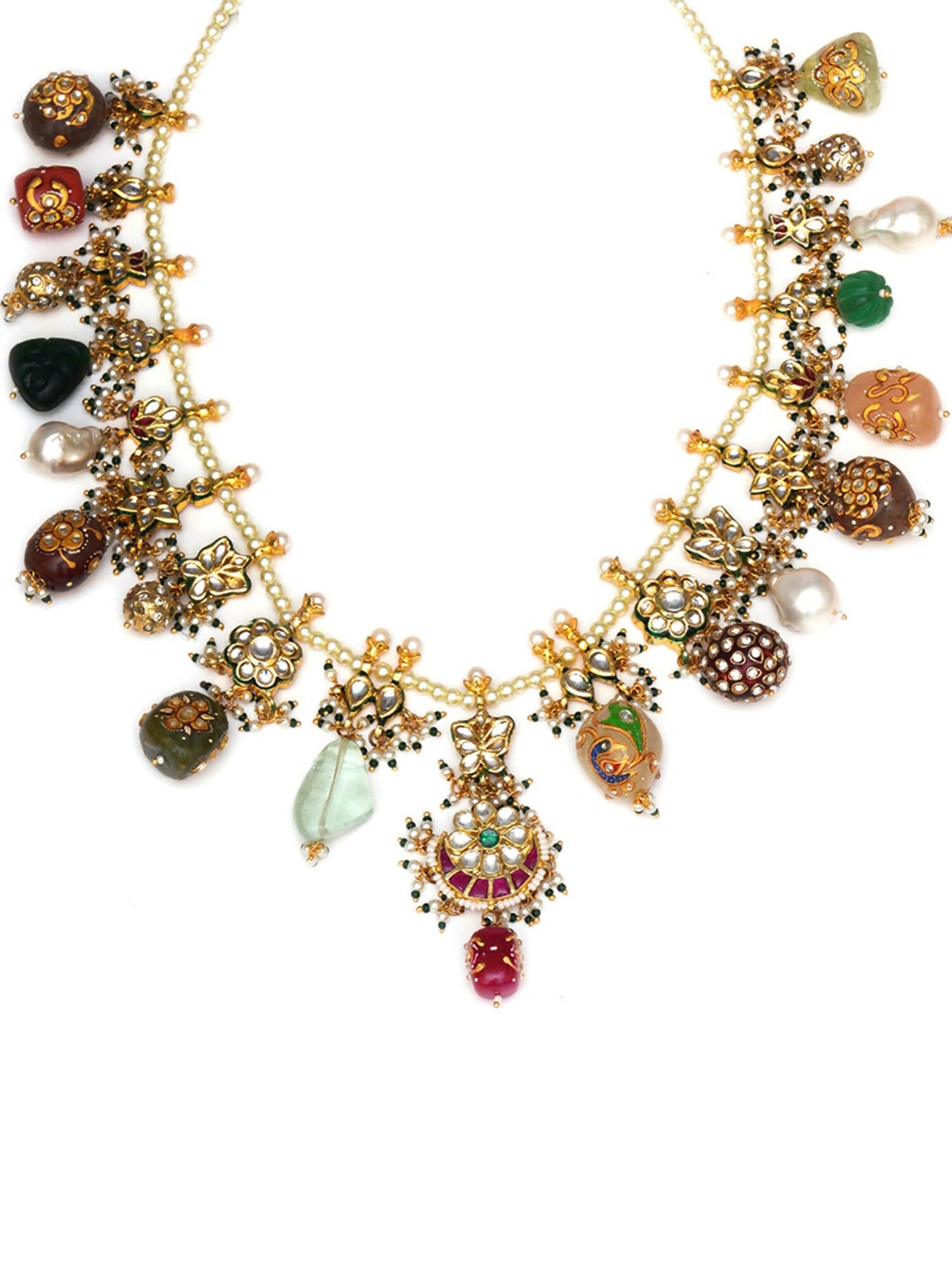 Long Kundan Neckpiece with Earrings with Multi Stones Jewellery Set (Gold) - Ruby Raang - Swadesiicart
