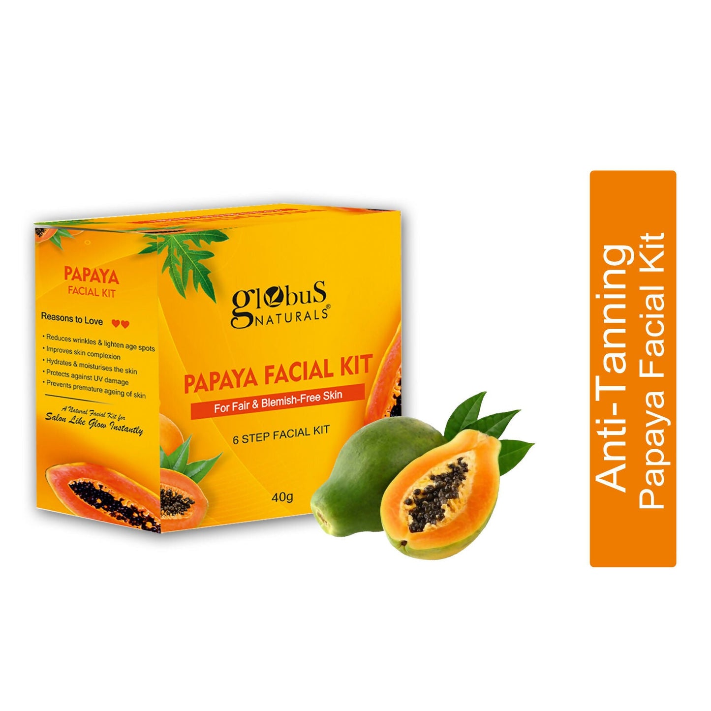 Globus Naturals Papaya Facial Kit For Blemish Free Skin & Anti-Pigmentation, 6 Steps | Swadesiicart