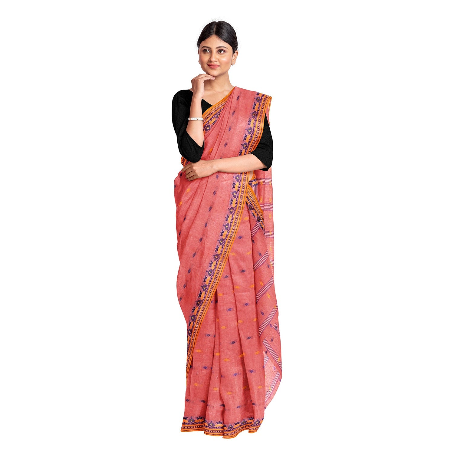 Exclusive Collection 100% Pure Cotton Peach Tant Saree With Hand Weaving Work - Swadesiicart